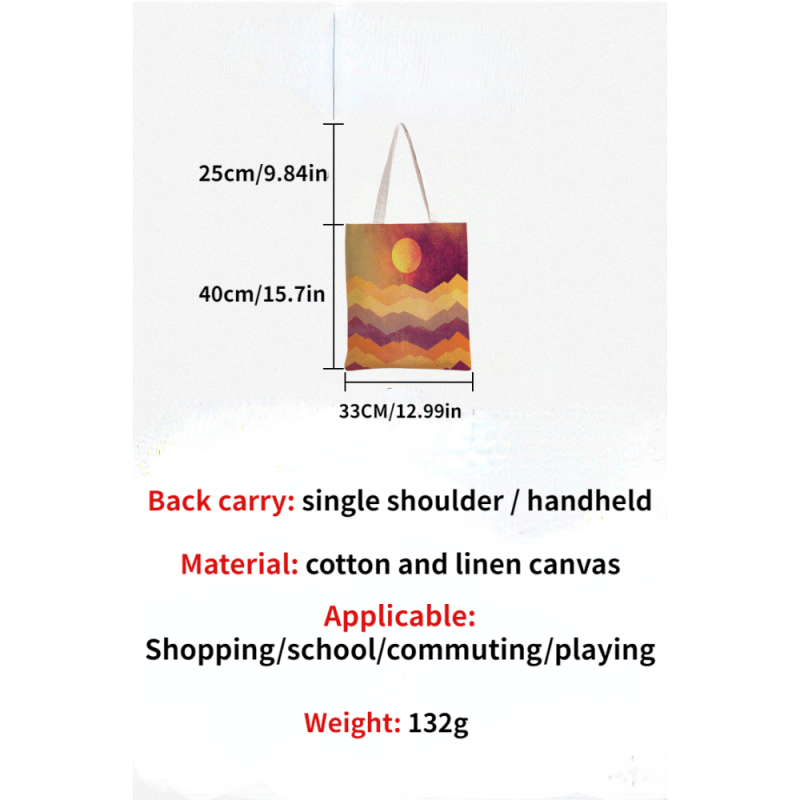 Rainbow & Sun Print Canvas Tote Bag Abstract Painting Shoulder Bag