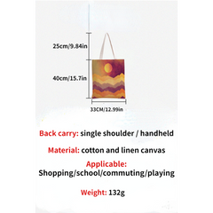 Rainbow & Sun Print Canvas Tote Bag Abstract Painting Shoulder Bag