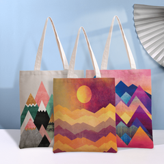 Rainbow & Sun Print Canvas Tote Bag Abstract Painting Shoulder Bag