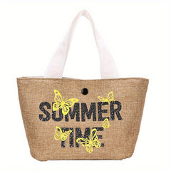 Butterfly Print Straw Woven Handbags Boho Style Summer Beach Bag