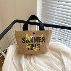 Butterfly Print Straw Woven Handbags Boho Style Summer Beach Bag