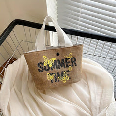 Butterfly Print Straw Woven Handbags Boho Style Summer Beach Bag
