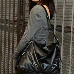 Large Capacity Tote Bag Solid Shoulder Bag With Buckles