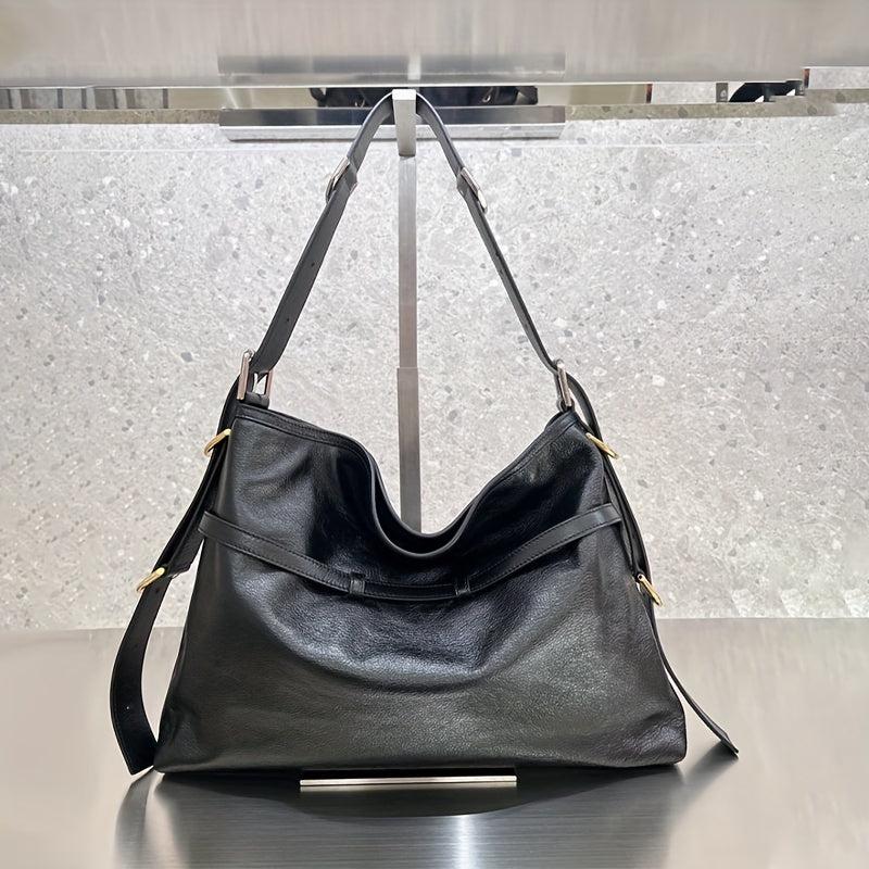 Large Capacity Tote Bag Solid Shoulder Bag With Buckles