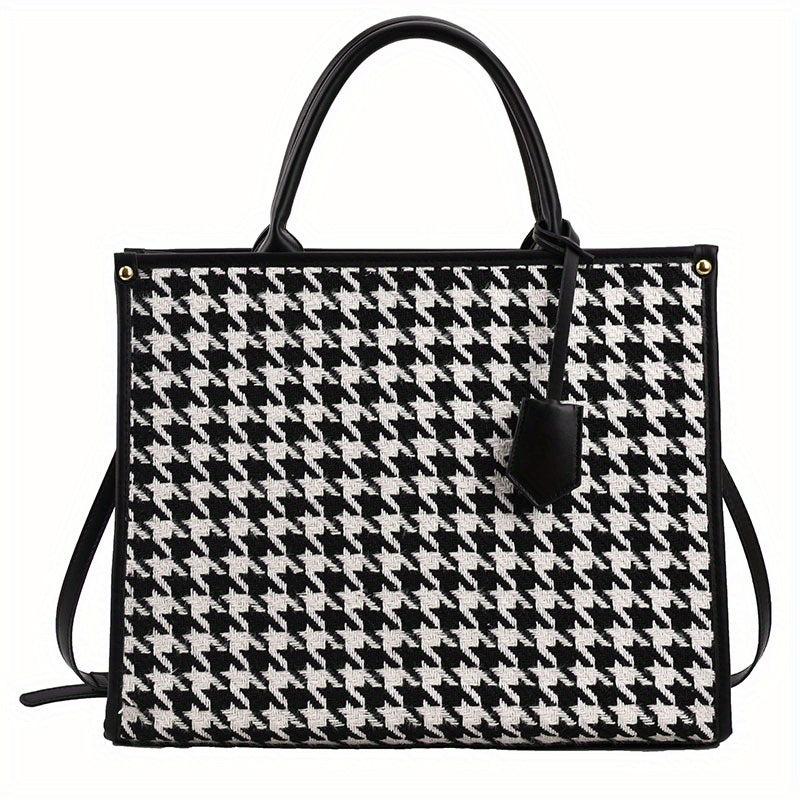 Houndstooth Pattern Tote Bag Tweed Shoulder Bag Women's Handbag