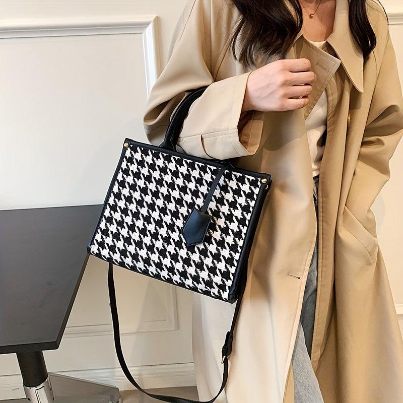 Houndstooth Pattern Tote Bag Tweed Shoulder Bag Women's Handbag
