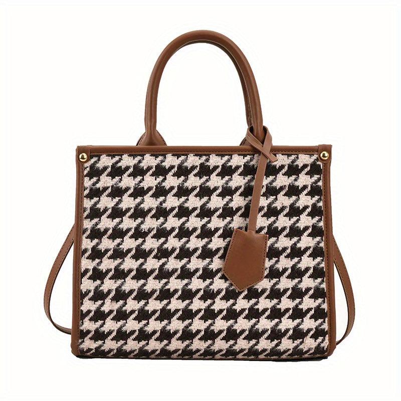 Houndstooth Pattern Tote Bag Tweed Shoulder Bag Women's Handbag