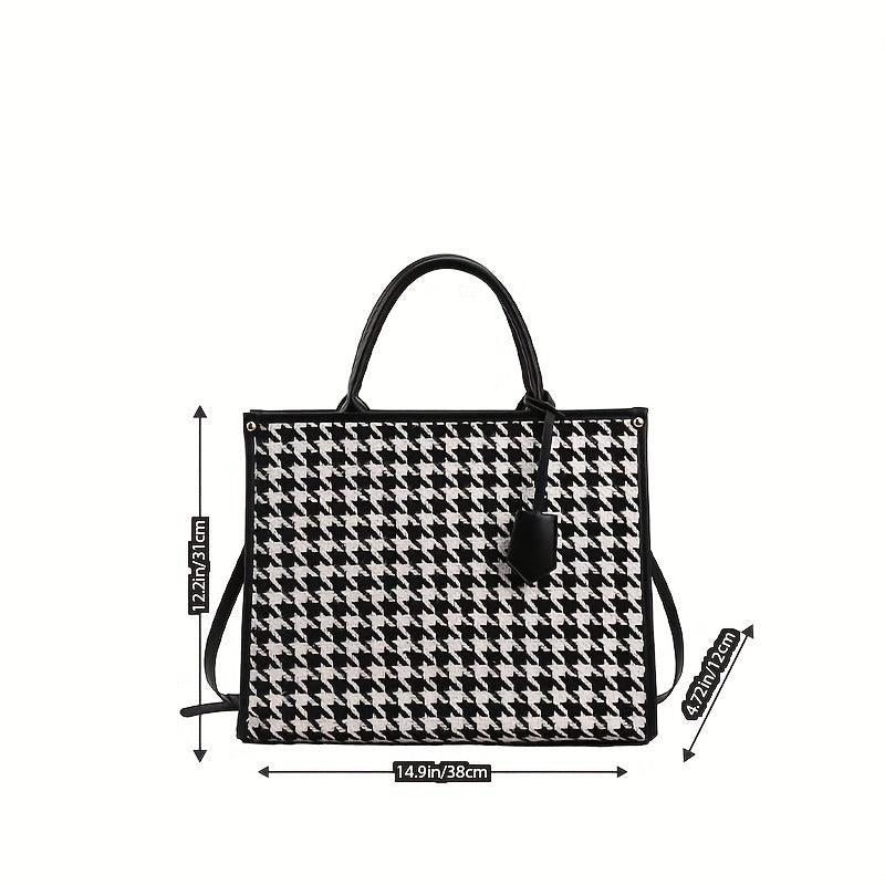 Houndstooth Pattern Tote Bag Tweed Shoulder Bag Women's Handbag