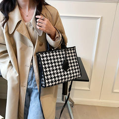 Houndstooth Pattern Tote Bag Tweed Shoulder Bag Women's Handbag