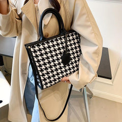 Houndstooth Pattern Tote Bag Tweed Shoulder Bag Women's Handbag