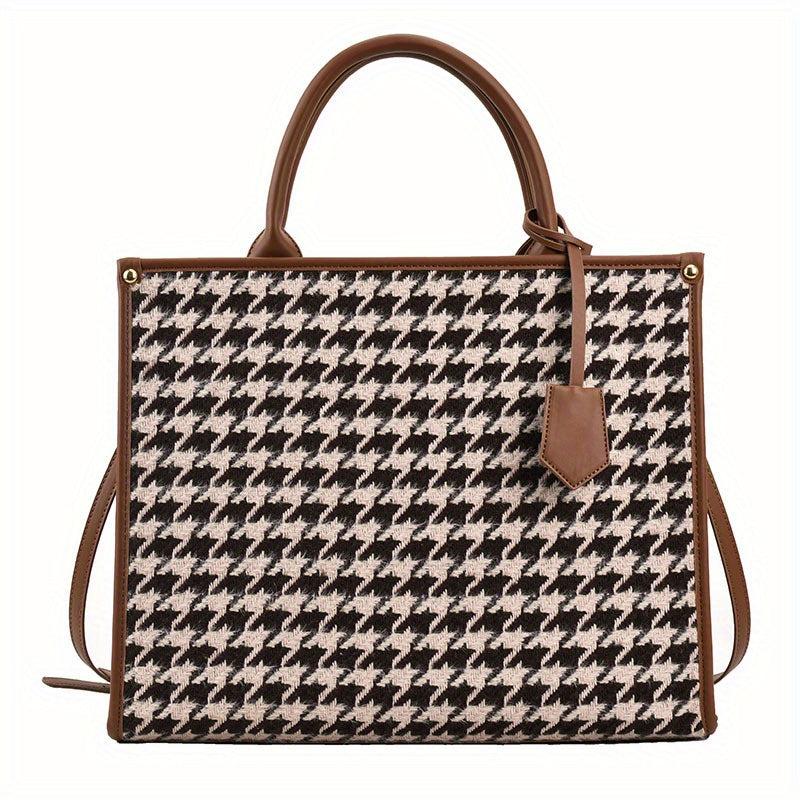 Houndstooth Pattern Tote Bag Tweed Shoulder Bag Women's Handbag