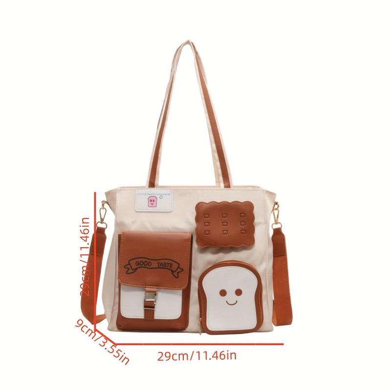 Cartoon Toast Decor Pocket Canvas Tote Bag Lightweight Shoulder Bag