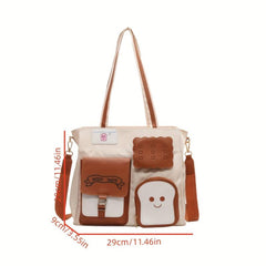 Cartoon Toast Decor Pocket Canvas Tote Bag Lightweight Shoulder Bag