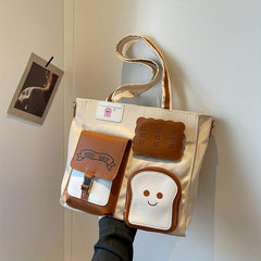 Cartoon Toast Decor Pocket Canvas Tote Bag Lightweight Shoulder Bag