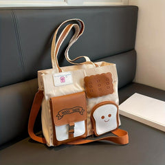 Cartoon Toast Decor Pocket Canvas Tote Bag Lightweight Shoulder Bag