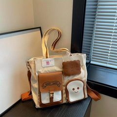 Cartoon Toast Decor Pocket Canvas Tote Bag Lightweight Shoulder Bag