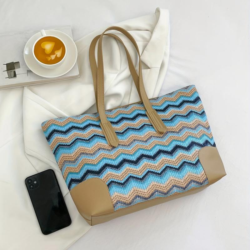 Striped Straw Beach Tote Bag for Women
