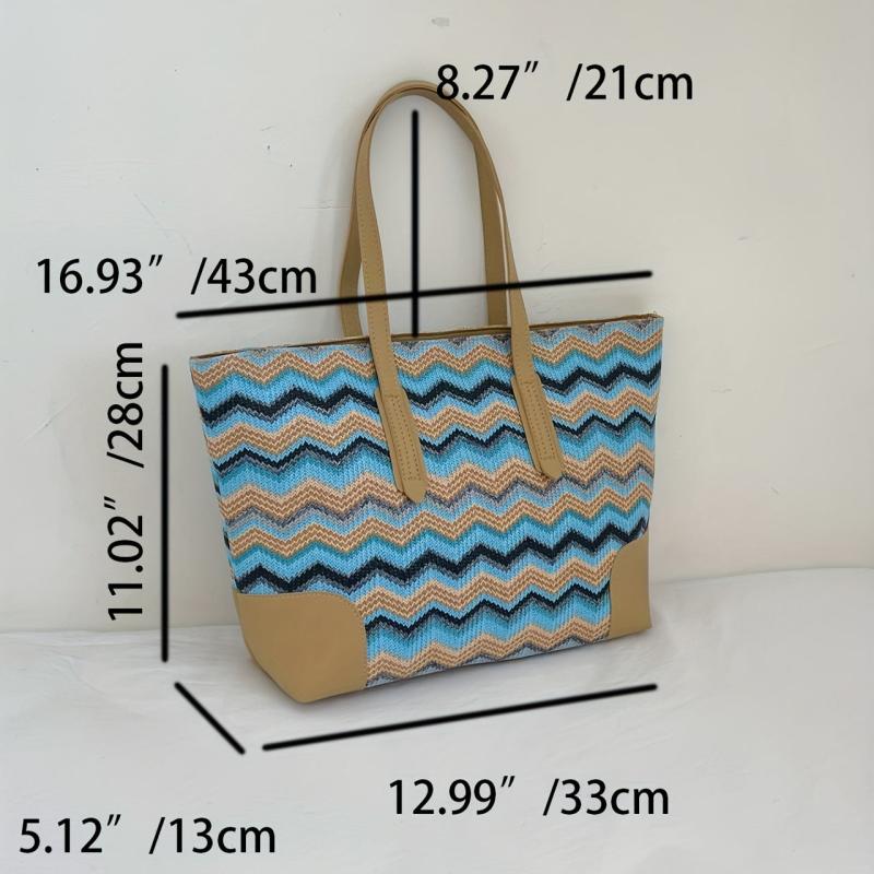 Striped Straw Beach Tote Bag for Women