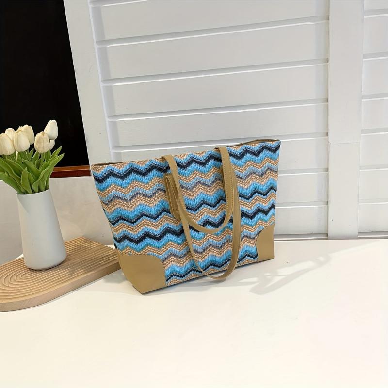 Striped Straw Beach Tote Bag for Women