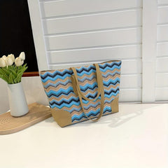 Striped Straw Beach Tote Bag for Women