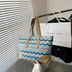 Striped Straw Beach Tote Bag for Women