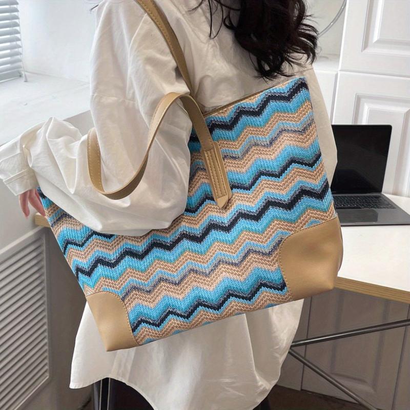 Striped Straw Beach Tote Bag for Women