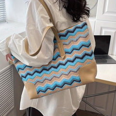 Striped Straw Beach Tote Bag for Women