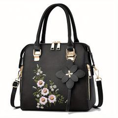 Embroidered Tote Bag Faux Leather Satchel Zip Shoulder Bag
