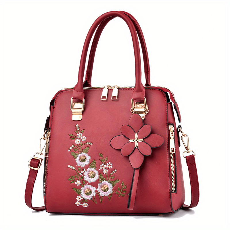Embroidered Tote Bag Faux Leather Satchel Zip Shoulder Bag