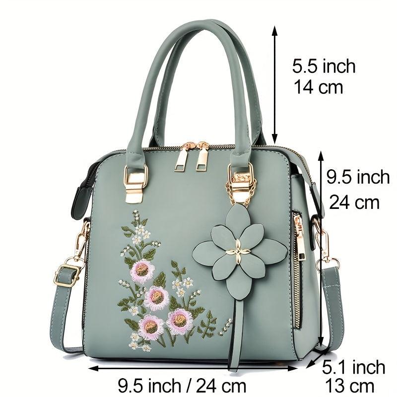 Embroidered Tote Bag Faux Leather Satchel Zip Shoulder Bag