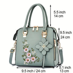 Embroidered Tote Bag Faux Leather Satchel Zip Shoulder Bag