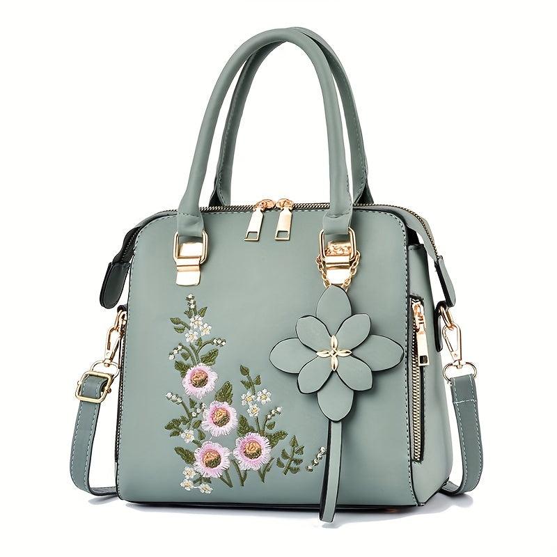Embroidered Tote Bag Faux Leather Satchel Zip Shoulder Bag