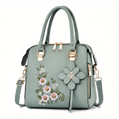Embroidered Tote Bag Faux Leather Satchel Zip Shoulder Bag