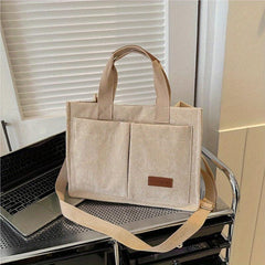 Corduroy Tote Bag with Letter Patch Decor