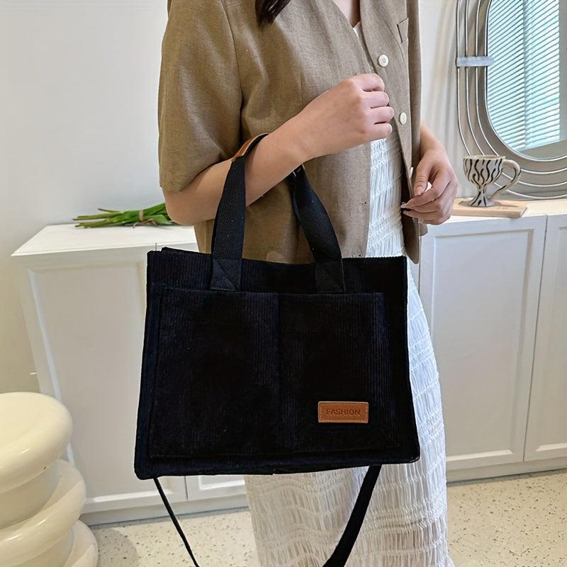 Corduroy Tote Bag with Letter Patch Decor