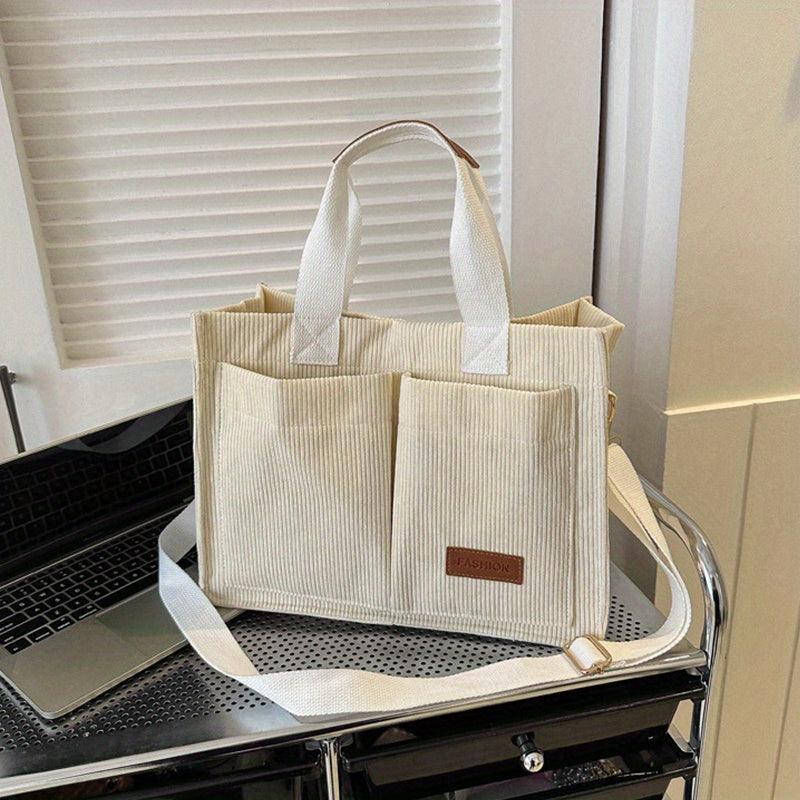 Corduroy Tote Bag with Letter Patch Decor