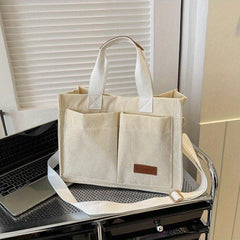 Corduroy Tote Bag with Letter Patch Decor