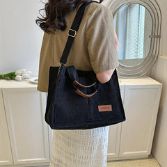 Corduroy Tote Bag with Letter Patch Decor