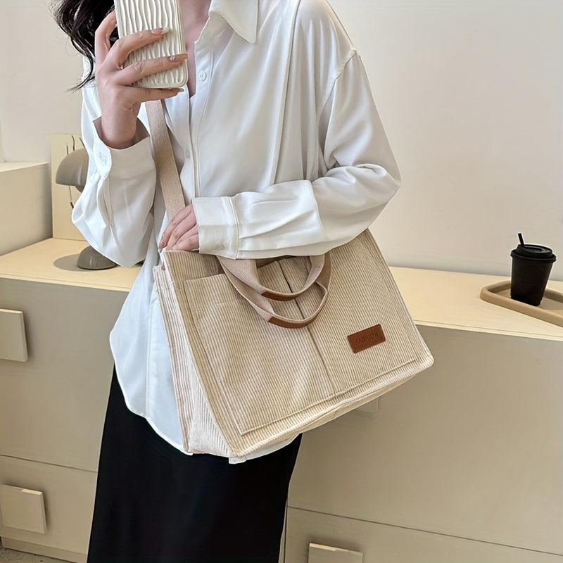 Corduroy Tote Bag with Letter Patch Decor