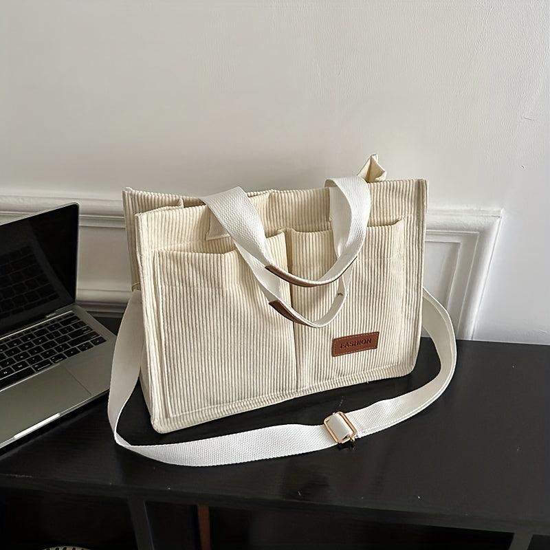Corduroy Tote Bag with Letter Patch Decor