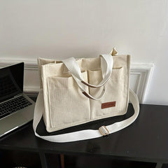 Corduroy Tote Bag with Letter Patch Decor