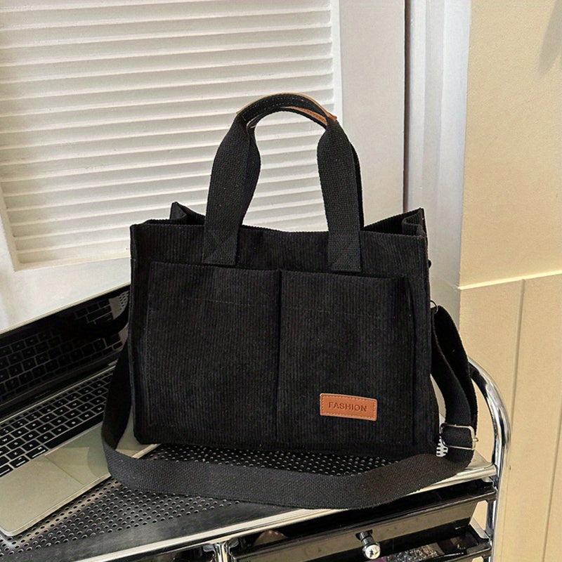Corduroy Tote Bag with Letter Patch Decor