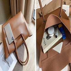 Large Capacity Minimalist Tote Bag Solid Handbag Faux Leather