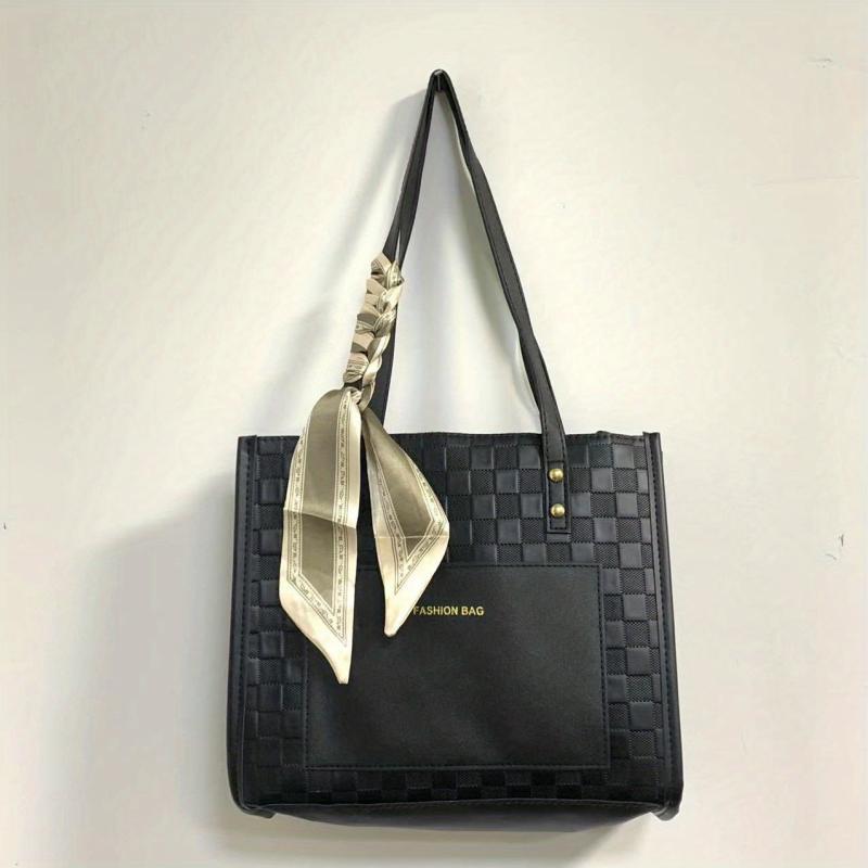 Checkered Tote Bag Women Contrast Shoulder Bag Scarf Handbags