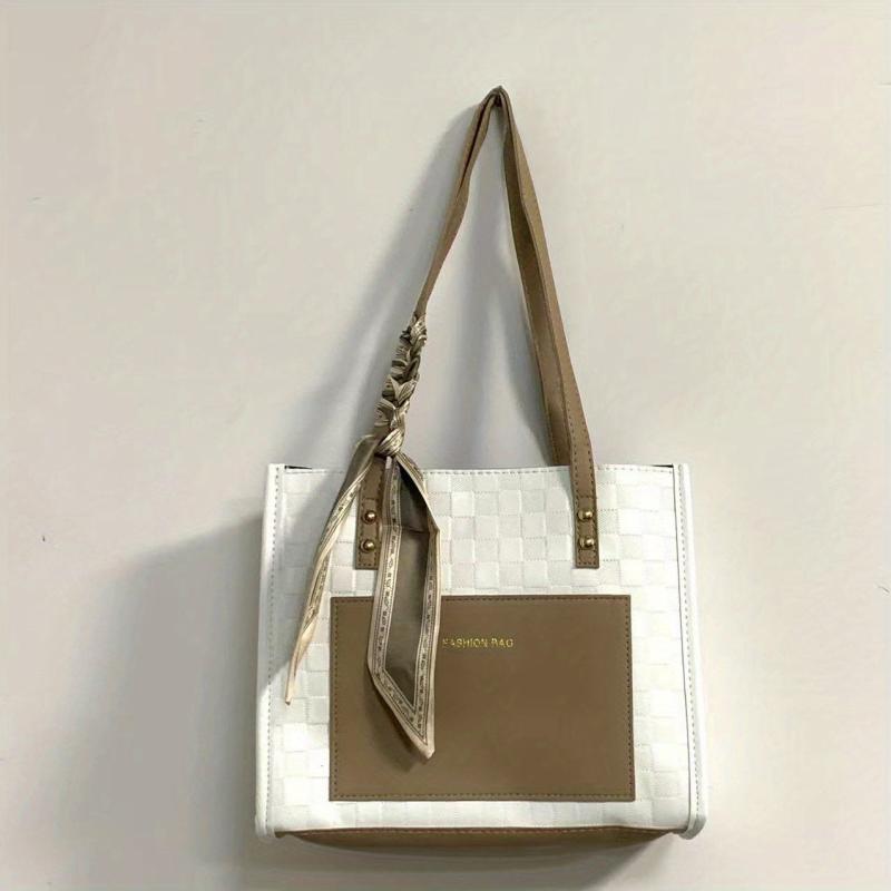 Checkered Tote Bag Women Contrast Shoulder Bag Scarf Handbags