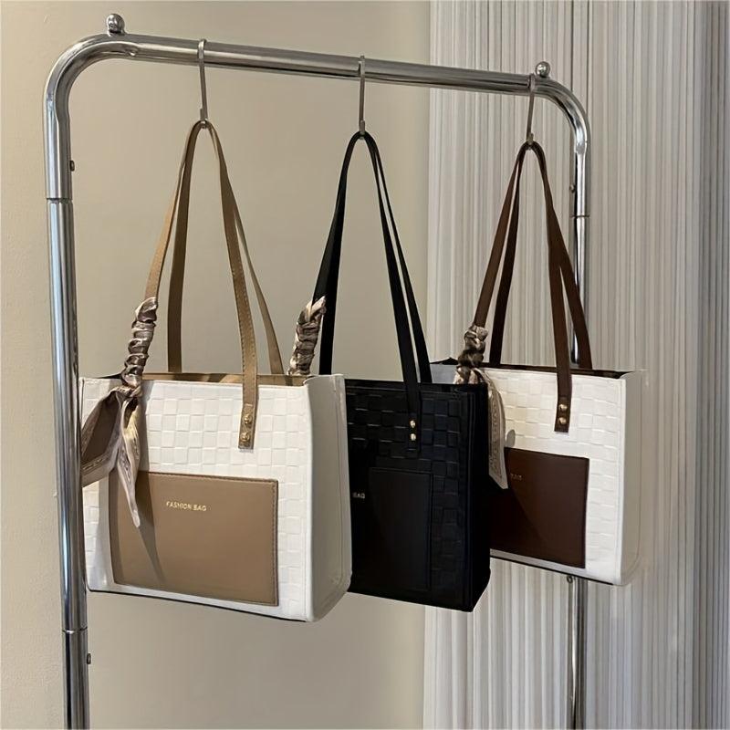 Checkered Tote Bag Women Contrast Shoulder Bag Scarf Handbags