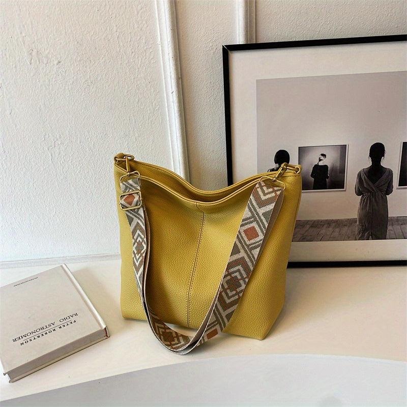 Wide Strap Tote Hobo Bag PU Leather Textured Shoulder Bag