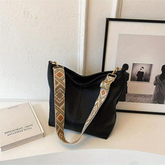 Wide Strap Tote Hobo Bag PU Leather Textured Shoulder Bag