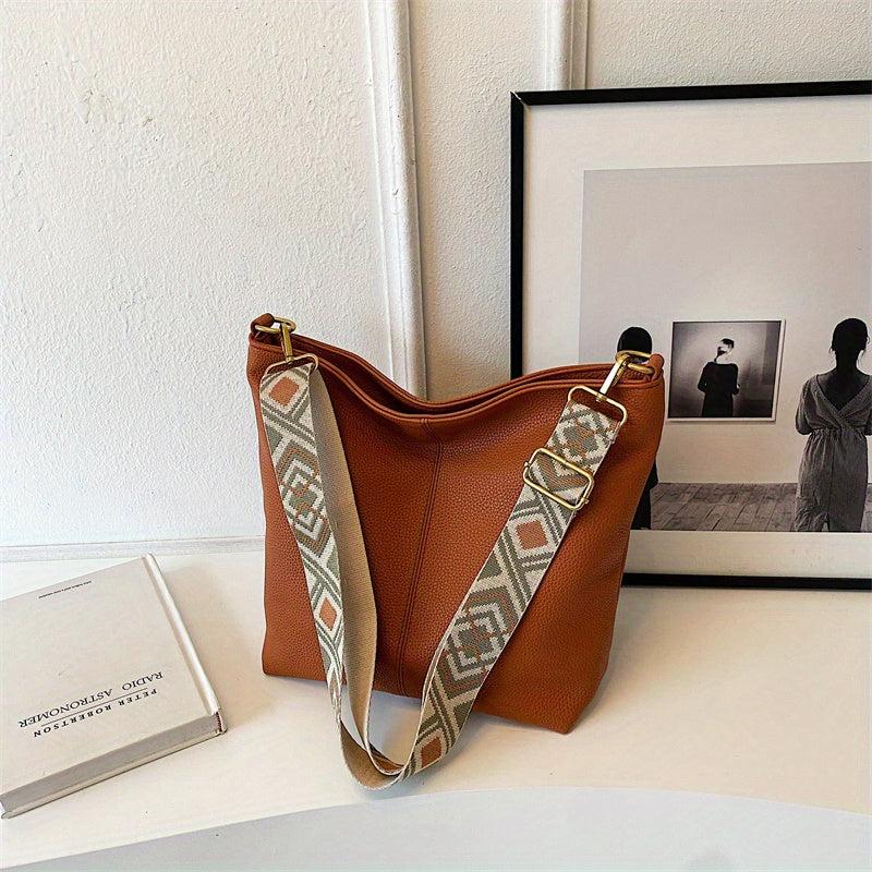 Wide Strap Tote Hobo Bag PU Leather Textured Shoulder Bag