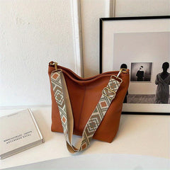 Wide Strap Tote Hobo Bag PU Leather Textured Shoulder Bag
